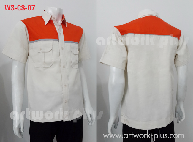 WORK SHIRT,WS-CS-07,เสื้อช็อปพนักงาน,เสื้อช็อปสีครีมแต่งสีส้ม